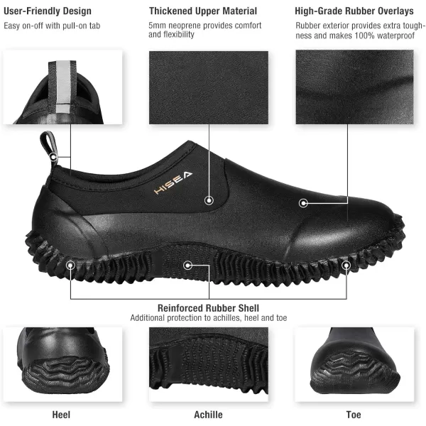 imageHISEA Unisex Waterproof Garden Shoes Mens Ankle Rain Boots Womens SlipOn Footwear Rubber Neoprene Camp Booties Outdoor Rain Shoe for Gardening Farming Camping Car Wash Lawn Care and Yard WorkBlack
