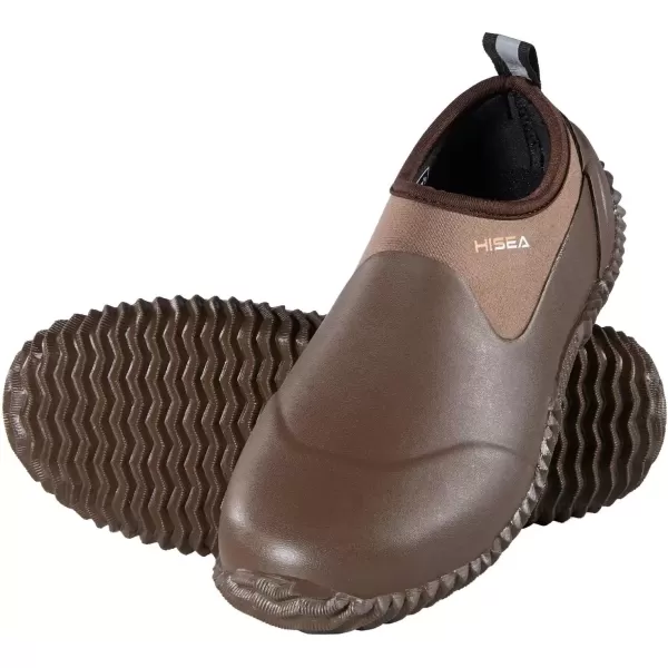 imageHISEA Unisex Waterproof Garden Shoes Mens Ankle Rain Boots Womens SlipOn Footwear Rubber Neoprene Camp Booties Outdoor Rain Shoe for Gardening Farming Camping Car Wash Lawn Care and Yard WorkBrown
