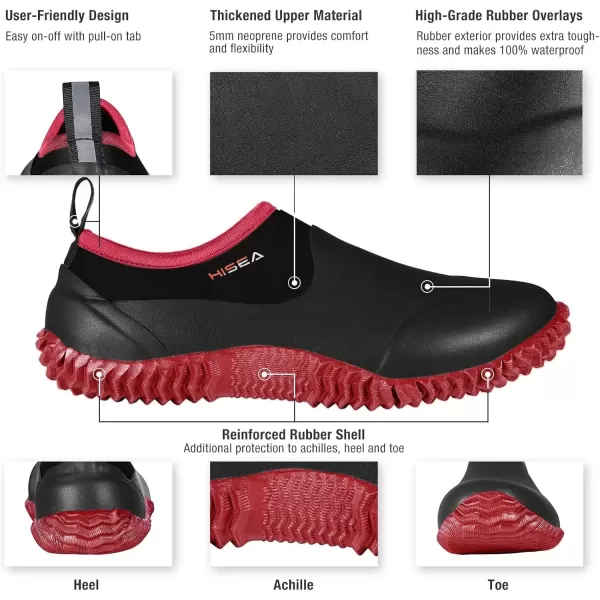 imageHISEA Unisex Waterproof Garden Shoes Mens Ankle Rain Boots Womens SlipOn Footwear Rubber Neoprene Camp Booties Outdoor Rain Shoe for Gardening Farming Camping Car Wash Lawn Care and Yard WorkRed