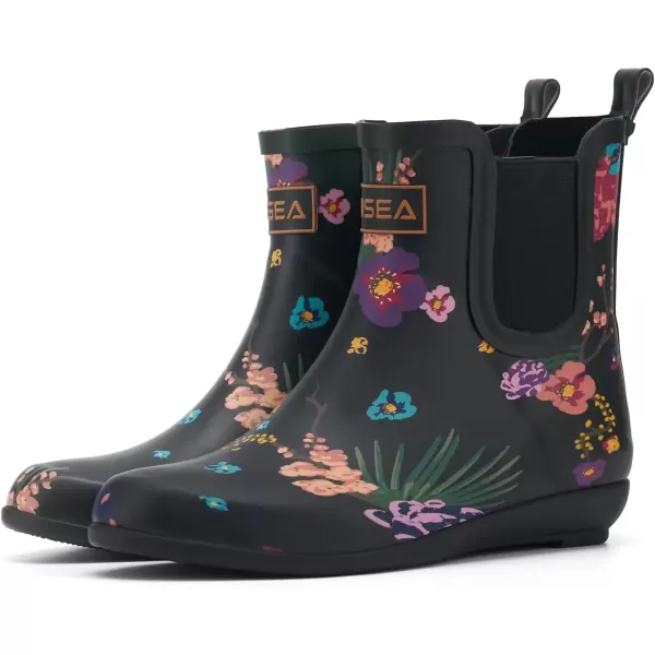 imageHISEA Womens Ankle Rain Boots Waterproof Chelsea Boots Rubber Garden Shoes AntiSlipping Rainboots for Ladies with Comfort Insole Lightweight Short Rain Shoes Outdoor Work BootiesBlack Floral