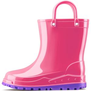 imageHISEA Kids Rain Boots for Toddler Boys Girls Waterproof Rubber Boots with EasyOn Handles Seamless PVC Rainboots Lightweight Mud Shoes for Water Beach Outdoor Playing ToddlerLittle KidBig KidPink With Purple Trimming