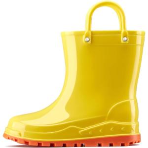 imageHISEA Kids Rain Boots for Toddler Boys Girls Waterproof Rubber Boots with EasyOn Handles Seamless PVC Rainboots Lightweight Mud Shoes for Water Beach Outdoor Playing ToddlerLittle KidBig KidYellow With Orange Trimming