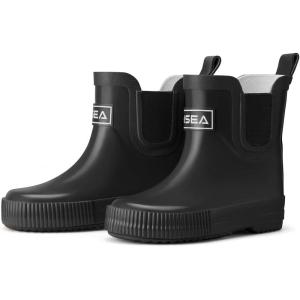 imageHISEA Kids Ankle Rain Boots Waterproof Deck Rubber Shoes for Boys Girls ToddlerLittle KidBig KidBlack