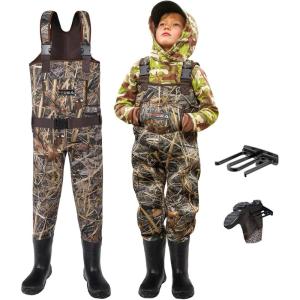 imageHISEA Kids Chest Waders for Toddler ampamp Children Neoprene Youth Duck Hunting Waders for Kids Boys Girls with Insulated BootsNext Camo Evos  Brown
