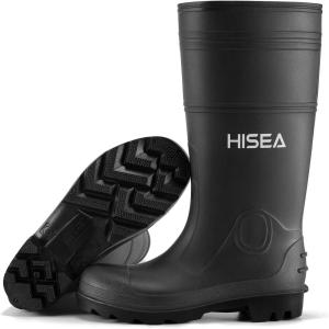imageHISEA Mens Rain Boots Waterproof Rubber Boots with Steel Shank Seamless PVC Rainboots Outdoor Work Boots Durable Slip Resistant Fishing Gardening Knee Boot for Agriculture and Industrial WorkingBlack