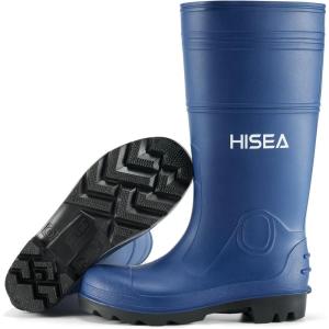 imageHISEA Mens Rain Boots Waterproof Rubber Boots with Steel Shank Seamless PVC Rainboots Outdoor Work Boots Durable Slip Resistant Fishing Gardening Knee Boot for Agriculture and Industrial WorkingBlue