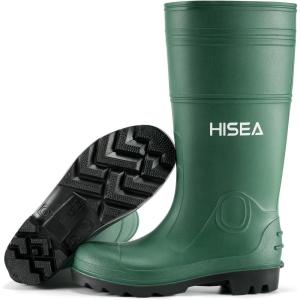 imageHISEA Mens Rain Boots Waterproof Rubber Boots with Steel Shank Seamless PVC Rainboots Outdoor Work Boots Durable Slip Resistant Fishing Gardening Knee Boot for Agriculture and Industrial WorkingGreen