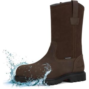 imageHISEA NINGO Mens SteelSoft Toe Work Boots 100 Waterproof Wellington Boots with Fullgrain Leather Oil and Slip Resistant Hazard Protection Pull on Work Boots for Men for Construction FarmingWaterproof Steel Toe Dark Brown