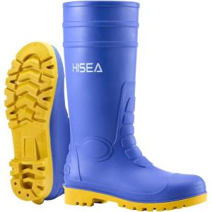 imageHISEA Mens Steel Toe Rain Boots PVC Rubber Boots Waterproof Garden Fishing Outdoor Work Boots Durable Slip Resistant Knee Boots for Agriculture and Industrial WorkingBlue