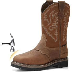 imageHISEA NINGO Mens Western Cowboy Boots Waterproof Square Toe SteelSoft Toe Work Boots Mens Slip On Pull On Safety Toe Leather Work Boots for Construction FarmingLight Brown 1