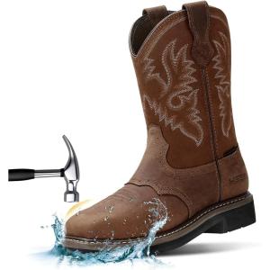 imageHISEA NINGO Mens Western Cowboy Boots Waterproof Square Toe SteelSoft Toe Work Boots Mens Slip On Pull On Safety Toe Leather Work Boots for Construction FarmingLight Brown 3