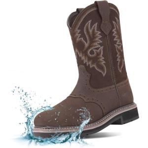imageHISEA NINGO Mens Western Cowboy Boots Waterproof Square Toe SteelSoft Toe Work Boots Mens Slip On Pull On Safety Toe Leather Work Boots for Construction FarmingDark Brown 4