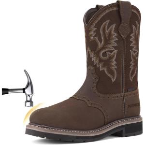 imageHISEA NINGO Mens Western Cowboy Boots Waterproof Square Toe SteelSoft Toe Work Boots Mens Slip On Pull On Safety Toe Leather Work Boots for Construction FarmingDark Brown 1