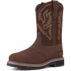 imageHISEA NINGO Mens Western Cowboy Boots Waterproof Square Toe SteelSoft Toe Work Boots Mens Slip On Pull On Safety Toe Leather Work Boots for Construction FarmingDark Brown 2