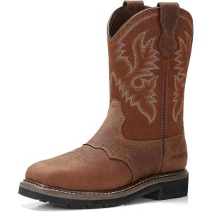 imageHISEA NINGO Mens Western Cowboy Boots Waterproof Square Toe SteelSoft Toe Work Boots Mens Slip On Pull On Safety Toe Leather Work Boots for Construction FarmingLight Brown 2