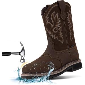 imageHISEA NINGO Mens Western Cowboy Boots Waterproof Square Toe SteelSoft Toe Work Boots Mens Slip On Pull On Safety Toe Leather Work Boots for Construction FarmingDark Brown 3