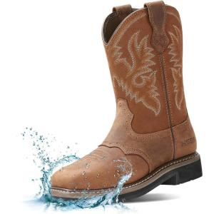 imageHISEA NINGO Mens Western Cowboy Boots Waterproof Square Toe SteelSoft Toe Work Boots Mens Slip On Pull On Safety Toe Leather Work Boots for Construction FarmingLight Brown 4