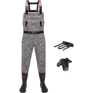 imageHISEA Womens Chest Waders Leopard Duck Hunting Waders for Women with Boots Neoprene Fishing WadersPink Leopard