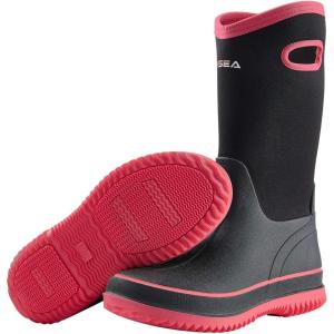 imageHISEA Women Mud Boots Mid Calf Neoprene Rubber Boots with Pull on Handle Insulated Barn Boots Womens Waterproof Rain Boots Garden Shoes Womens Rainboots for Farm Gardening Hiking Hunting FishingBlack