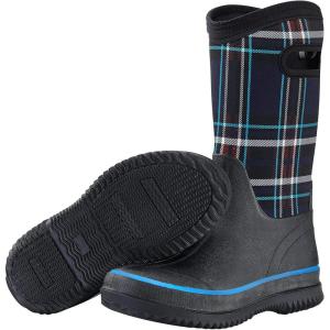imageHISEA Women Mud Boots Mid Calf Neoprene Rubber Boots with Pull on Handle Insulated Barn Boots Womens Waterproof Rain Boots Garden Shoes Womens Rainboots for Farm Gardening Hiking Hunting FishingNavy Plaid