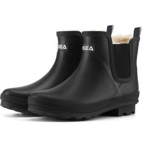 imageHISEA Womens Plush Rain Boots Waterproof Chelsea Rubber Booties Women Ladies Ankle Boots for Winter Spring Garden OutdoorBlack