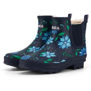imageHISEA Womens Plush Rain Boots Waterproof Chelsea Rubber Booties Women Ladies Ankle Boots for Winter Spring Garden OutdoorBlue Flower