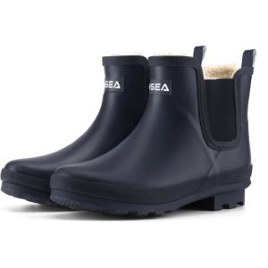 imageHISEA Womens Plush Rain Boots Waterproof Chelsea Rubber Booties Women Ladies Ankle Boots for Winter Spring Garden OutdoorNavy Blue