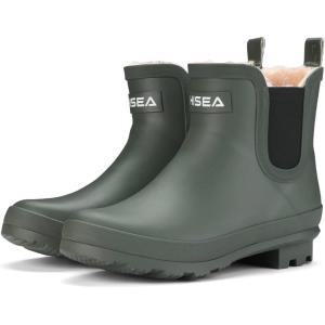 imageHISEA Womens Plush Rain Boots Waterproof Chelsea Rubber Booties Women Ladies Ankle Boots for Winter Spring Garden OutdoorOlive Green