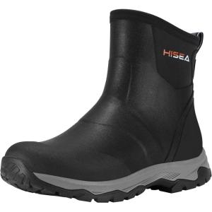 imageHISEA Excursion Pro Mens Rain Boots Ankle Height Rubber Neoprene Hunting Boots Waterproof Insulated Outdoor Mud Shoes for Hunting Gardening Farming Hiking Camping and Yard Working Size 11 Black