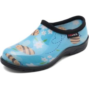 imageHISEA Waterproof Garden Shoe for Women Outdoor SlipOn Rain Footwear Rubber Rain Shoes Short Ankle Booties Garden Clogs with Comfort InsoleBee Print Light Blue
