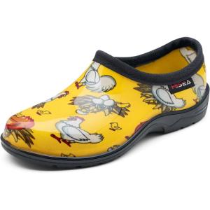 imageHISEA Waterproof Garden Shoe for Women Outdoor SlipOn Rain Footwear Rubber Rain Shoes Short Ankle Booties Garden Clogs with Comfort InsoleChicken Print Yellow