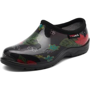 imageHISEA Waterproof Garden Shoe for Women Outdoor SlipOn Rain Footwear Rubber Rain Shoes Short Ankle Booties Garden Clogs with Comfort InsoleMidsummer Black