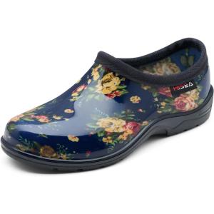 imageHISEA Waterproof Garden Shoe for Women Outdoor SlipOn Rain Footwear Rubber Rain Shoes Short Ankle Booties Garden Clogs with Comfort InsoleNavy Flower