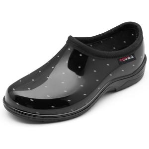 imageHISEA Waterproof Garden Shoe for Women Outdoor SlipOn Rain Footwear Rubber Rain Shoes Short Ankle Booties Garden Clogs with Comfort InsolePolka Dot Print Black and White