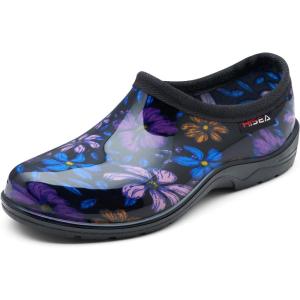imageHISEA Waterproof Garden Shoe for Women Outdoor SlipOn Rain Footwear Rubber Rain Shoes Short Ankle Booties Garden Clogs with Comfort InsolePurple Floral