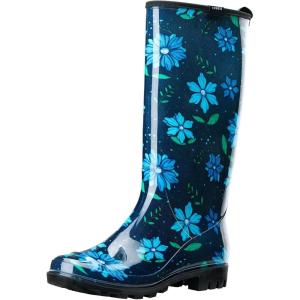 imageHISEA Womens Rain Boots Waterproof Garden Shoes Colorful Printed Knee High Rubber Boots AntiSlipping Rainboots for Ladies with Comfort Insole Tall Wellington Rain ShoesBlue Flower