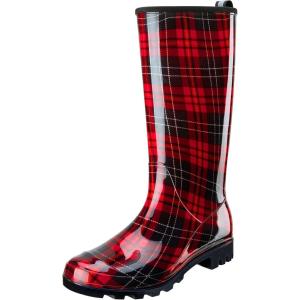 imageHISEA Womens Rain Boots Waterproof Garden Shoes Colorful Printed Knee High Rubber Boots AntiSlipping Rainboots for Ladies with Comfort Insole Tall Wellington Rain ShoesRed Plaid