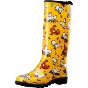 imageHISEA Womens Rain Boots Waterproof Garden Shoes Colorful Printed Knee High Rubber Boots AntiSlipping Rainboots for Ladies with Comfort Insole Tall Wellington Rain ShoesChicken Print Yellow