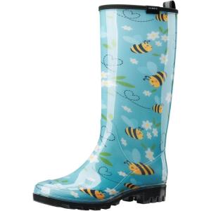 imageHISEA Womens Rain Boots Waterproof Garden Shoes Colorful Printed Knee High Rubber Boots AntiSlipping Rainboots for Ladies with Comfort Insole Tall Wellington Rain ShoesBee Print Light Blue