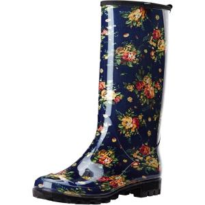 imageHISEA Womens Rain Boots Waterproof Garden Shoes Colorful Printed Knee High Rubber Boots AntiSlipping Rainboots for Ladies with Comfort Insole Tall Wellington Rain ShoesFlower Navy