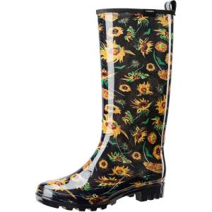 imageHISEA Womens Rain Boots Waterproof Garden Shoes Colorful Printed Knee High Rubber Boots AntiSlipping Rainboots for Ladies with Comfort Insole Tall Wellington Rain ShoesSunflower Print Black