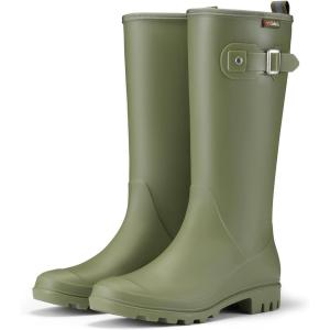 imageHISEA Women Rain Boots Waterproof PVC Rubber Boot Tall Fashion Rainboots Matte Surface Womens Rain Footwear for Ladies Outdoor Work WalkingOlive Green