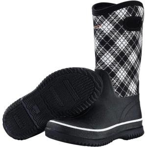 imageHISEA Women Mud Boots Neoprene Rubber Garden Shoes Waterproof Mid Calf Rain Boots for OutdoorPlaid