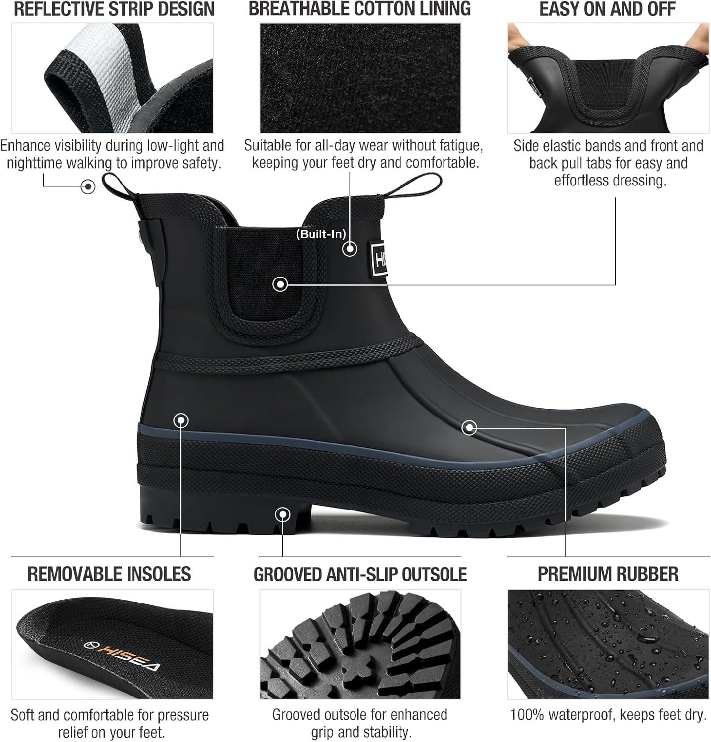 HISEA Women's Short Rain Boots - Waterproof Chelsea Boots For Gardening, Hiking, Mud, Work (Sizes 6-11)