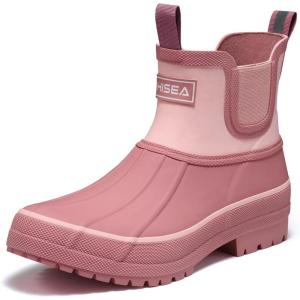imageHISEA Womens Duck Chelsea Rain Boots Waterproof Short Garden Boot Outdoor Mud BootsHawthorn Red