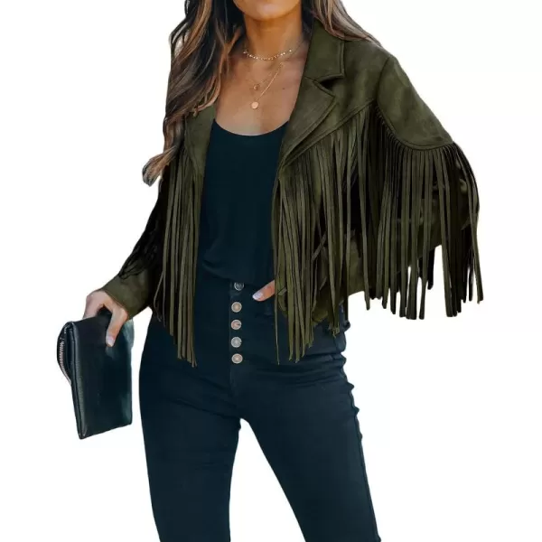 CHARTOU Casual Faux Leather Jacket Women Motorcycle Jacket Fringe Cropped Jacket Utility Tassel Suede Moto Jacket
