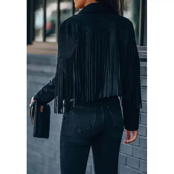 CHARTOU Casual Faux Leather Jacket Women Motorcycle Jacket Fringe Cropped Jacket Utility Tassel Suede Moto Jacket