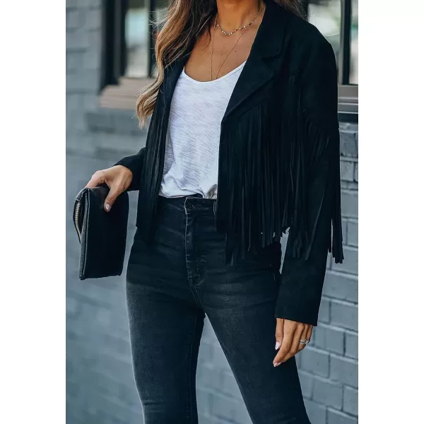 CHARTOU Casual Faux Leather Jacket Women Motorcycle Jacket Fringe Cropped Jacket Utility Tassel Suede Moto Jacket
