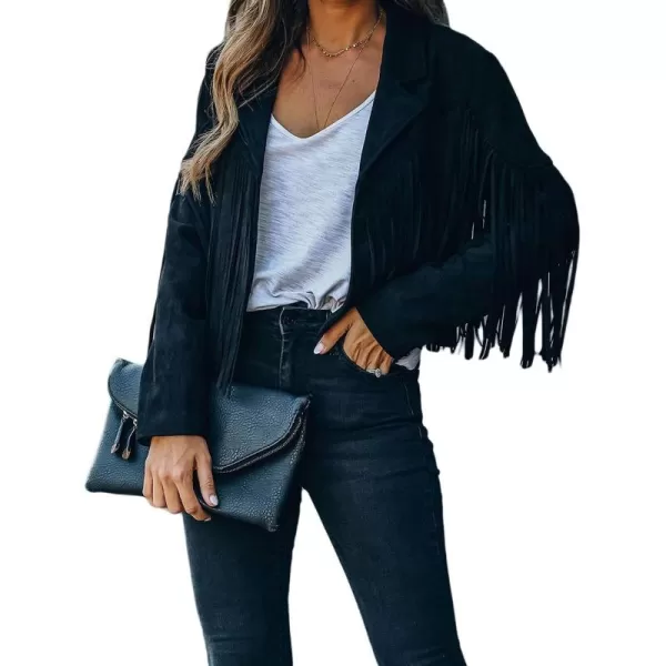 CHARTOU Casual Faux Leather Jacket Women Motorcycle Jacket Fringe Cropped Jacket Utility Tassel Suede Moto Jacket