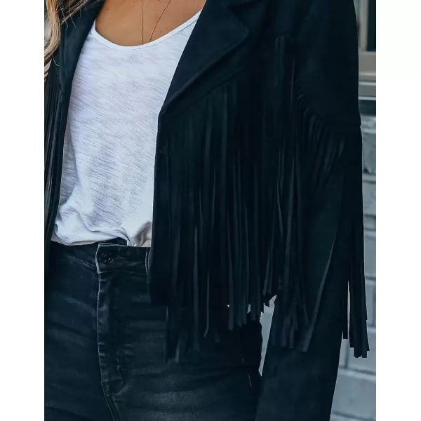 CHARTOU Casual Faux Leather Jacket Women Motorcycle Jacket Fringe Cropped Jacket Utility Tassel Suede Moto Jacket